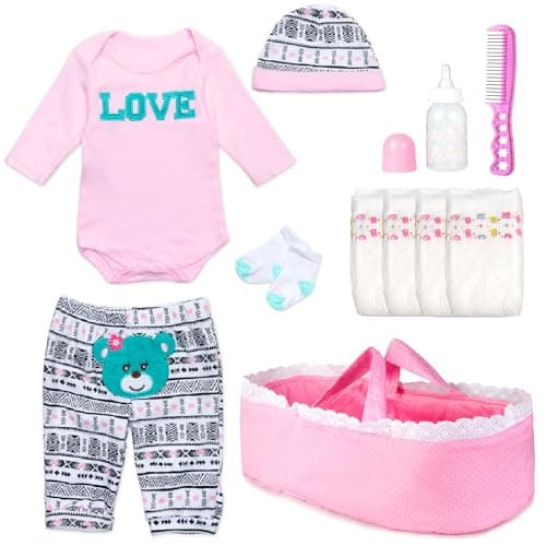 11 Pcs Reborn Baby Dolls Clothes Accessories Pink Outfit with BassinetDiaper for 1722 Inch Reborn Doll Clothes fit Newborn Baby Doll Girl