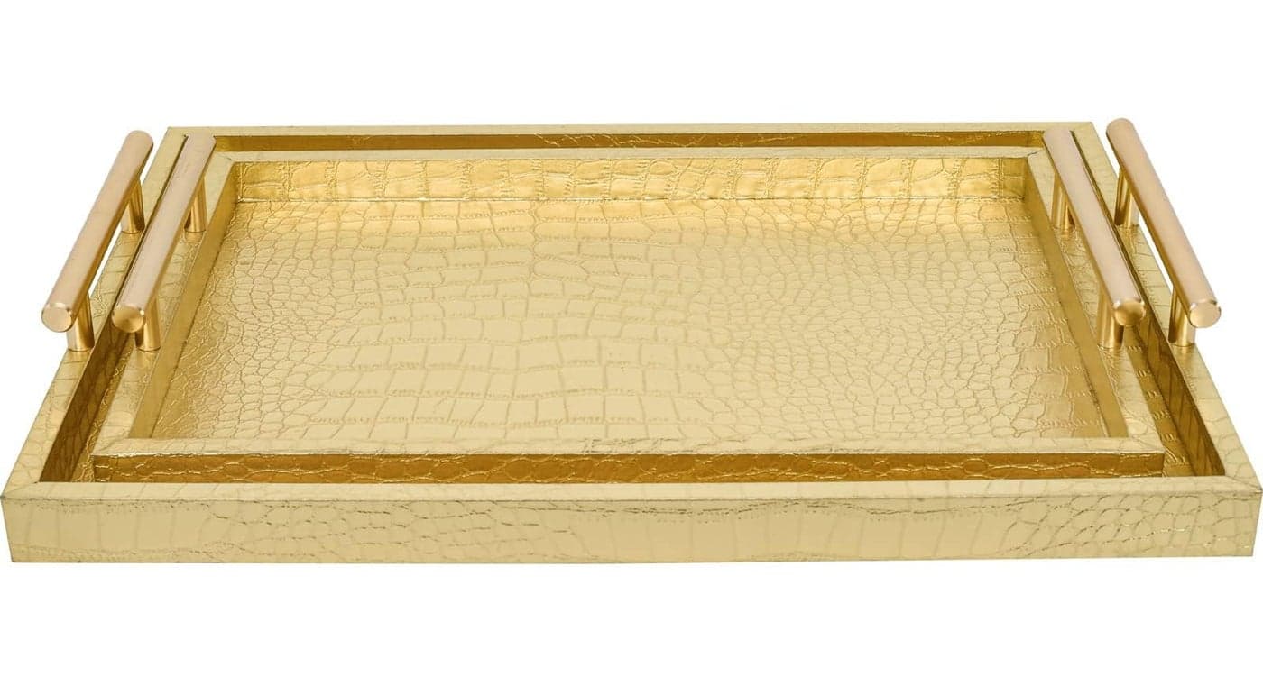 MACVAD Set of 2 Modern Elegant Large Wood Serving Tray Rectangle Decorative Tray Ottoman Tay Coffee Table Tray Gold Crocodile Leather with Gold Polished Metal Handles