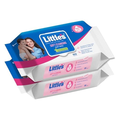 Little's Soft Cleansing Baby Wipes with Lid | 80 Wipes x Pack of 2 - 160 Wipes | Extra Thick & Moist Wet Wipes for Baby's | Prevents Rashes & Redness with Goodness of Aloe Vera, Vitamin E & Jojoba Oil