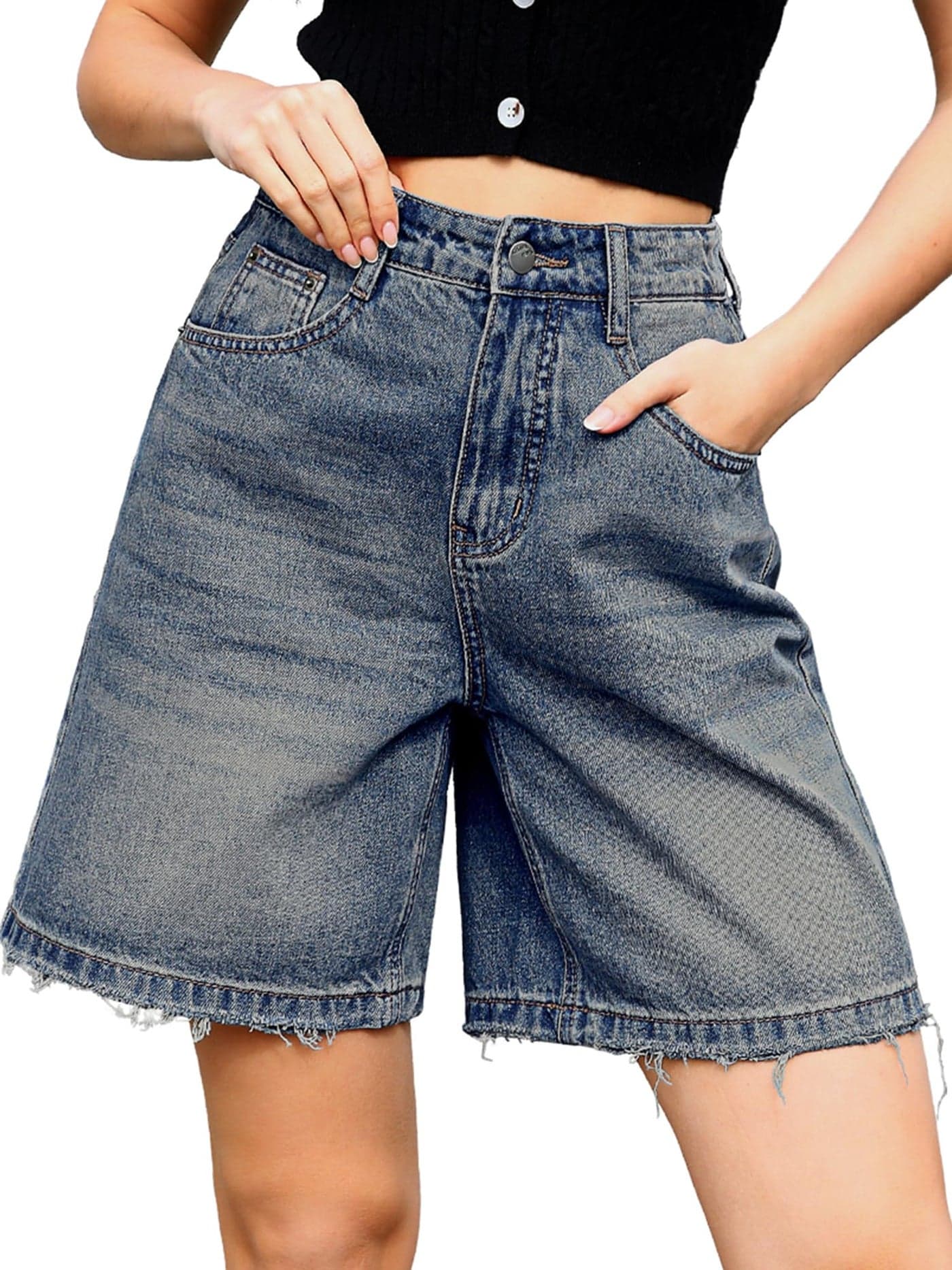 ELLEVEN Jorts Women Baggy Raw Hem Jean Bermuda Knee Length Mom Shorts Denim Casual Long Wide Leg Elastic High Waisted 7 Inch Inseam Loose Fit Summer Shorts with Pockets Vintage Blue Denim Large