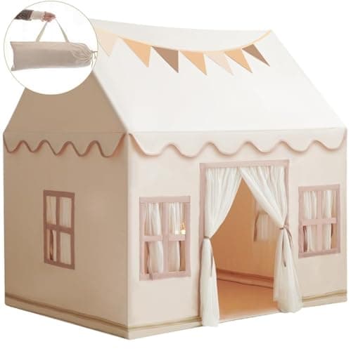 Large Kids Tent Playhouse Base Fabric with Star Lights Flags and Tote Bags Kids Play Tent Indoor Outdoor Washable Teepee Tent for Boys Girls Play House for Toddler Neutral Color