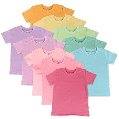 HonestBaby 10-Pack Short Sleeve T-shirts 100% Organic Cotton Baby, Toddler, Little Kids, Boys, Girls, Unisex, Rainbow Girl, 2T