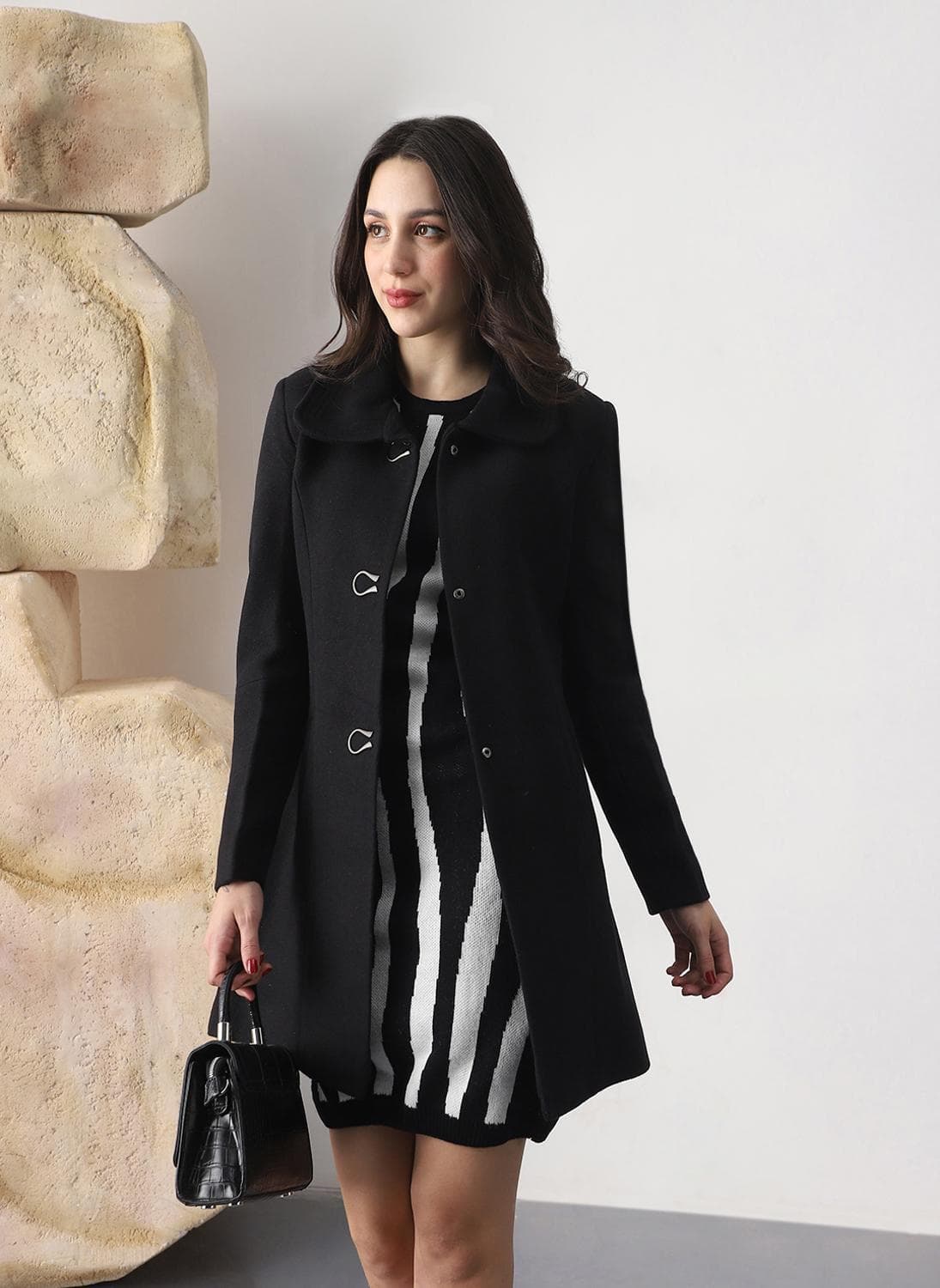 Globus Women Black Self Design Peter Pan Collar Long Sleeve Hip Length Tailored Fit Overcoat