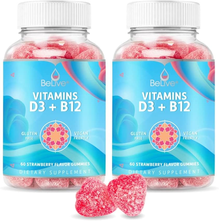 BeLive Vitamin D3 Gummies with B12 Vitamins Immune Support Gummies with Vegan Vitamin B12 D3 Provides Enhanced Bone Muscle Strength Hearth Health and Energy Strawberry Flavor 2Pack