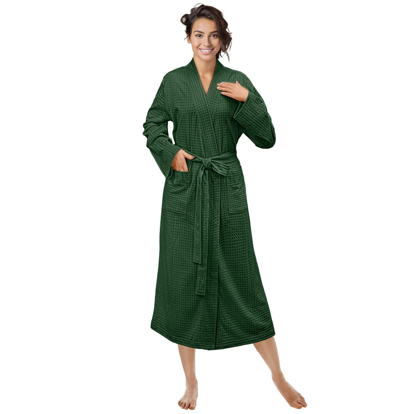 PAVILIA Green Women Waffle Knit Kimono Robe Soft Cozy Breathable Lightweight Bathrobe with Side Pockets Shower Spa House Long Robe for Women SM