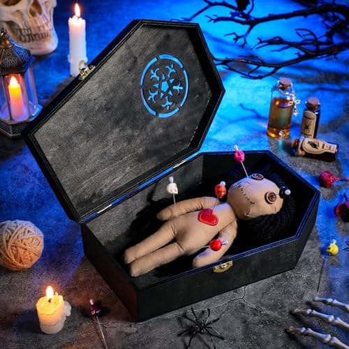 VercanMonth 12 Pcs Voodoo Figure Kit Include Creepy Figures 10 Pcs Skull Pins Wooden Coffin Box Haunted Figure Halloween Scary Ghost Voodoo Ornaments Fidget Stress RelievingFemale