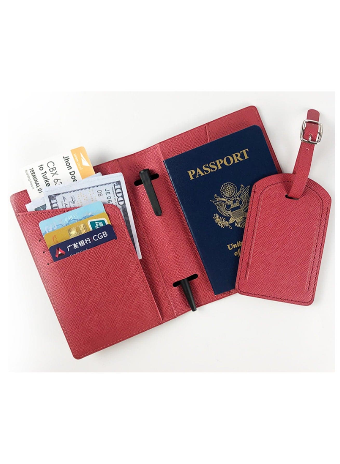 2pcs Red Passport Holder Wallet Case + Luggage Tag, Passport Holder With Rfid Blocking, Leather Travel Document Holder For Men And Women Travel Accessories