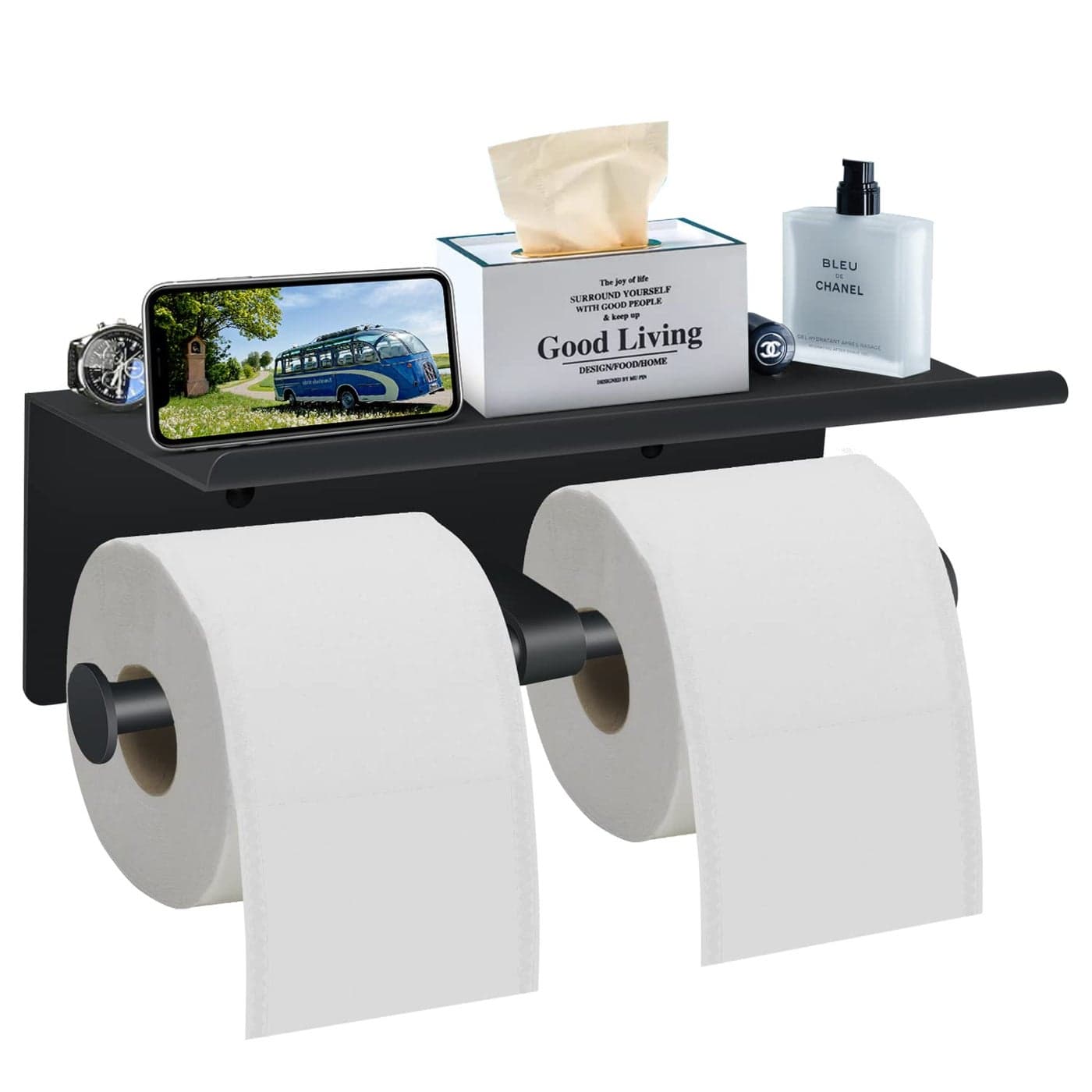 Toilet Paper Holder with Shelf Wall Mounted Toilet Paper Storage Double Roll Tissue Holder Dispenser Bathroom Toilet Paper Holder Matte Black