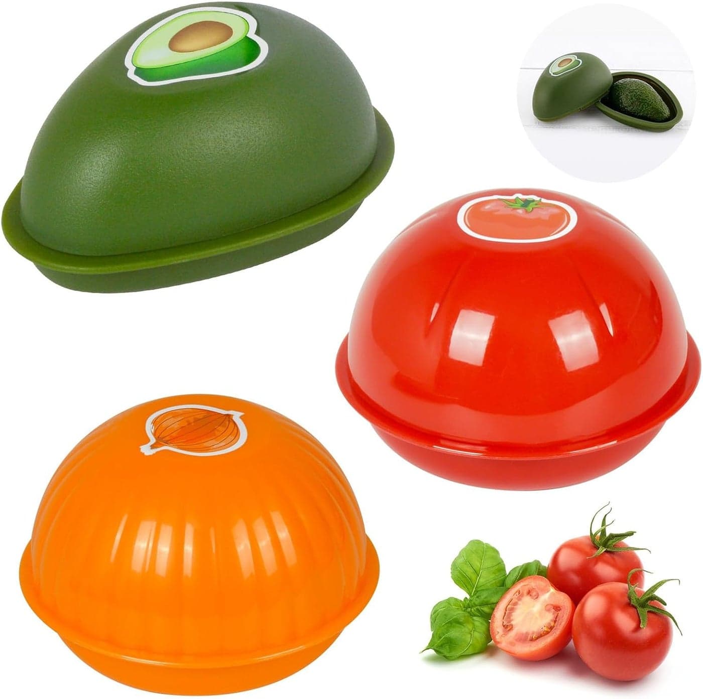 3Pcs Plastic Vegetable Fresh Storage Box, Fruit and Vegetable Shaped Sealed Keeper Food Saver Storage Containers, Vegetable Crisper, Tomato Saver, Onion Container and Avocado Saver