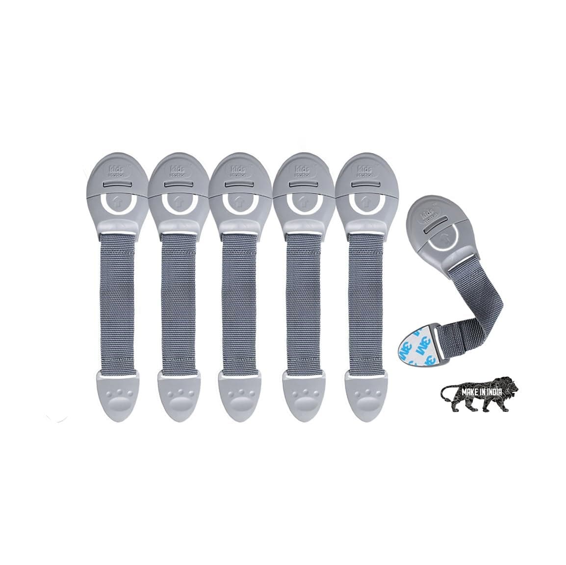 Kids Station Baby Safety Nylon Drawer Locks - Strong and Adhesive Child/Toddler/Infants Safety Locks for Drawers, Cabinets, Fridge and Cupboard - Baby Proofing Product - Pack of 6 (Grey)