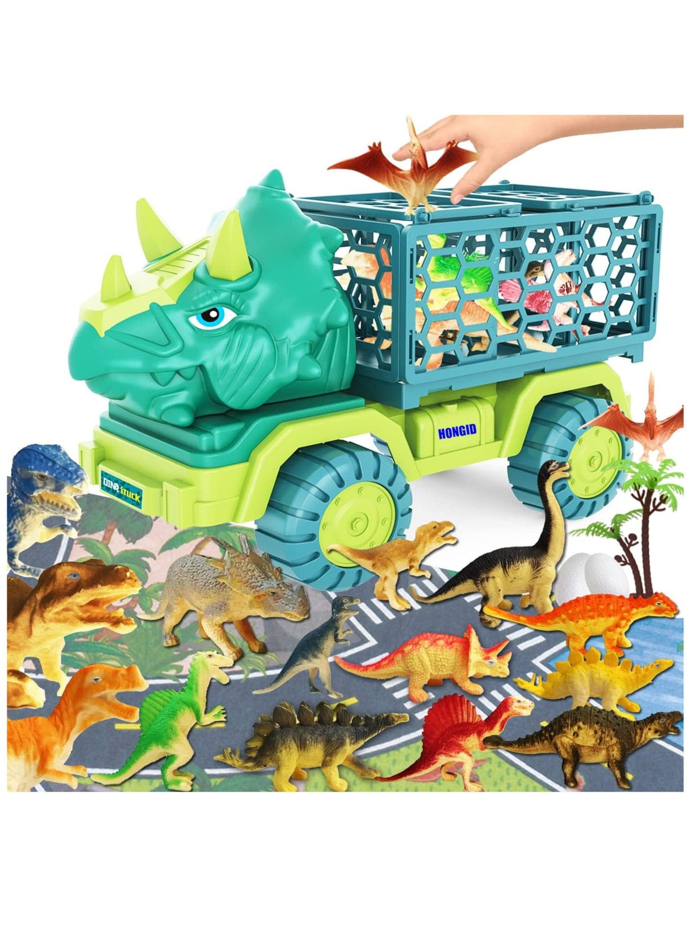 Dinosaur Truck Toys, Tyrannosaurus Transport Car Carrier Truck, With 8 Dino Figures, Activity Play Mat, Dinosaur Eggs, Capture Jurassic Dinosaur Play Set for Kids 3-7 Years Old
