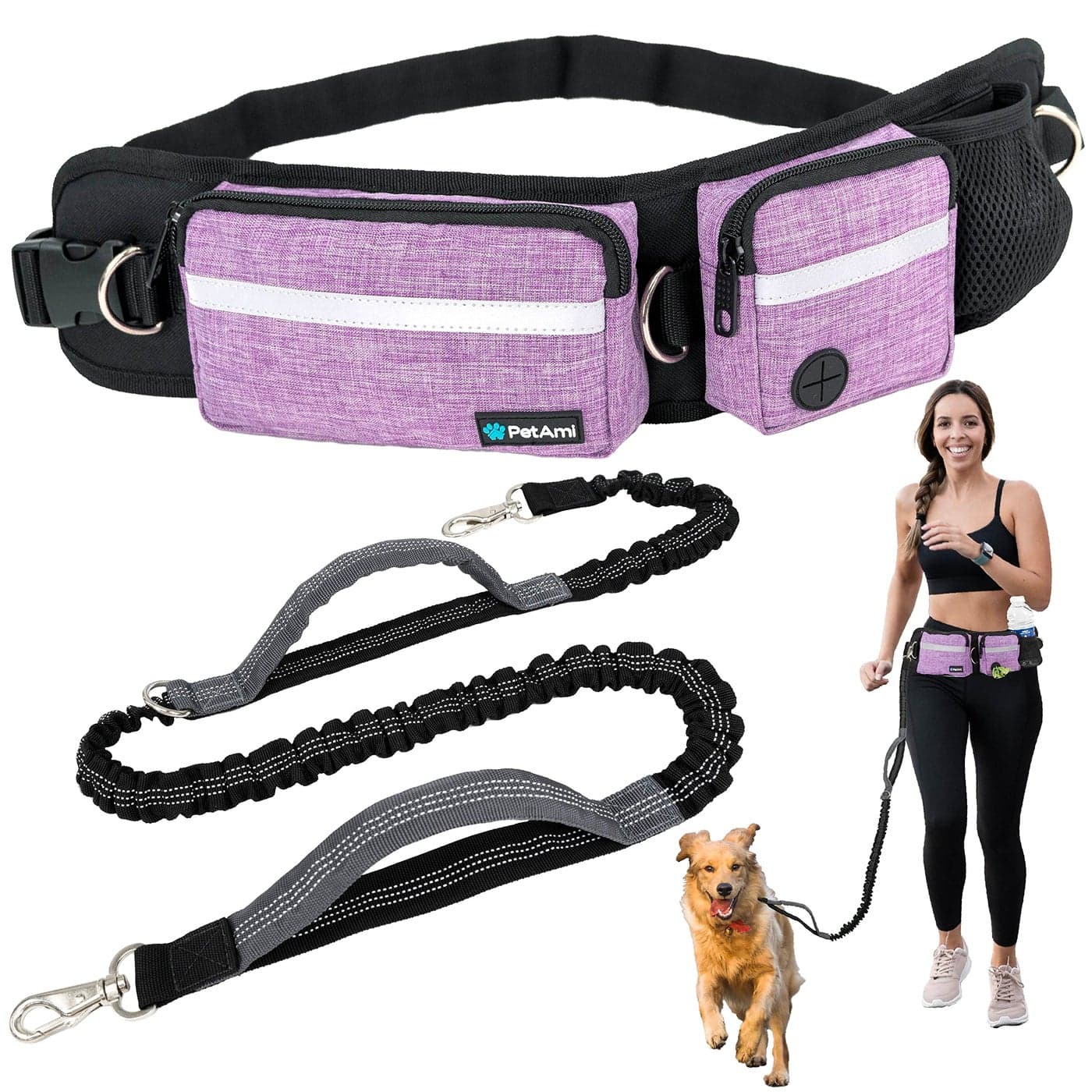 PetAmi Hands Free Dog Leash Running Leash Belt Bag for Walking Jogging Waist Double Zipper Pouch with Poop Dispenser Dual Padded Handles Reflective Bungee Single Purple 1 Leash