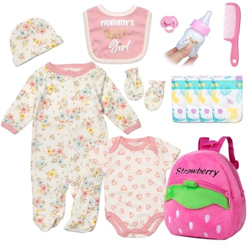Reborn Baby Dolls Clothes Outfit Accessories Pink Floral Prints 13 Pcs Set for 1722 Inch Reborn Dolls Newborn Girl with Pink Strawberry Backpack Diaper