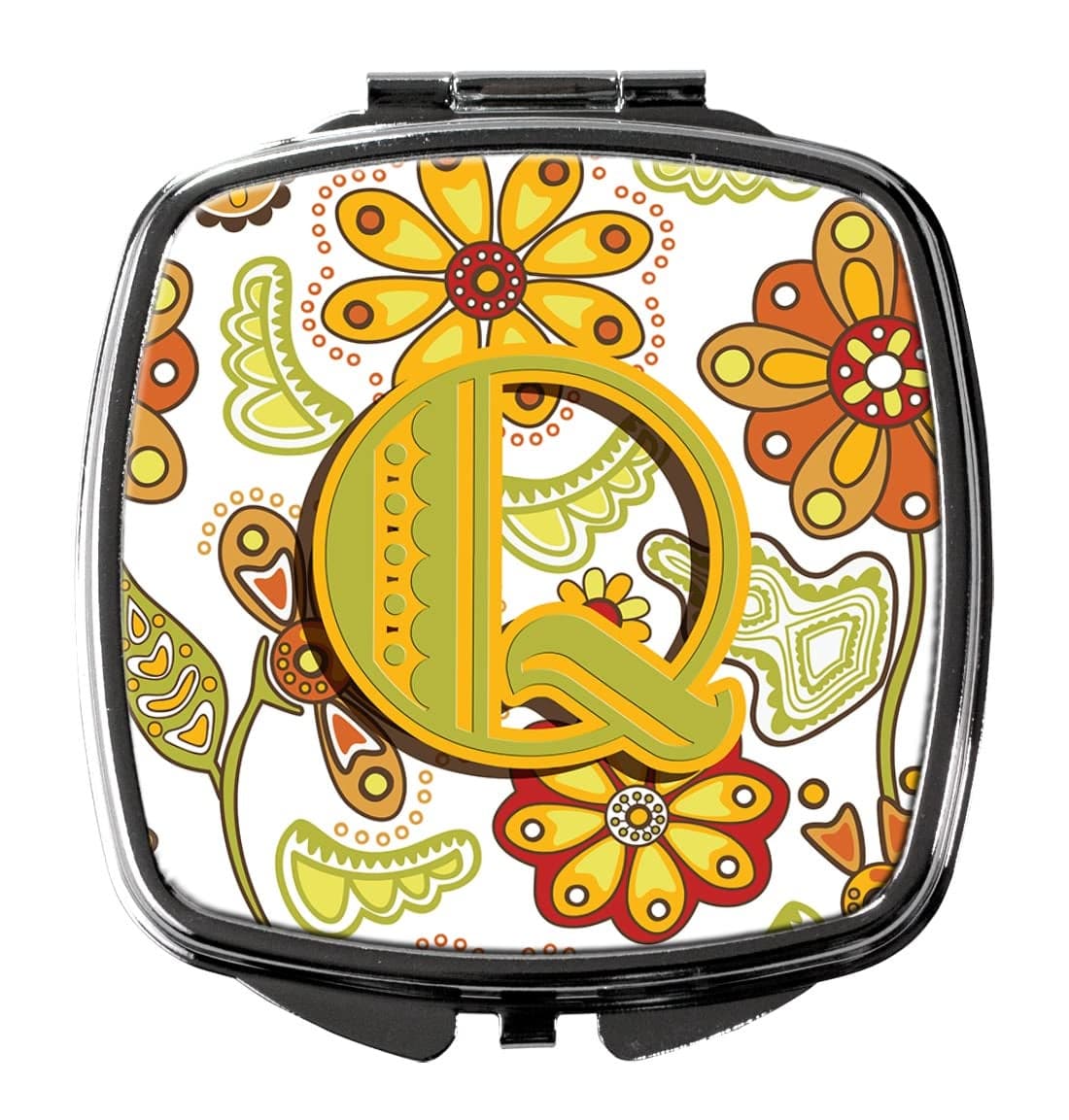 Caroline's Treasures CJ2003-QSCM Letter Q Floral Mustard and Green Compact Mirror Decorative Travel Makeup Mirror for Women Girls Gifts Pocket Makeup Mirror Folding Handheld