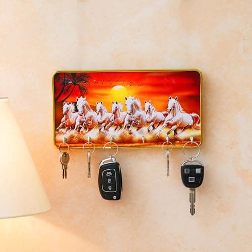 Webelkart Decorative Wooden Key Holder for Home Decor,Wall Mounted Key Organizer, Key Chain Holder (Seven Horse Key Holder)