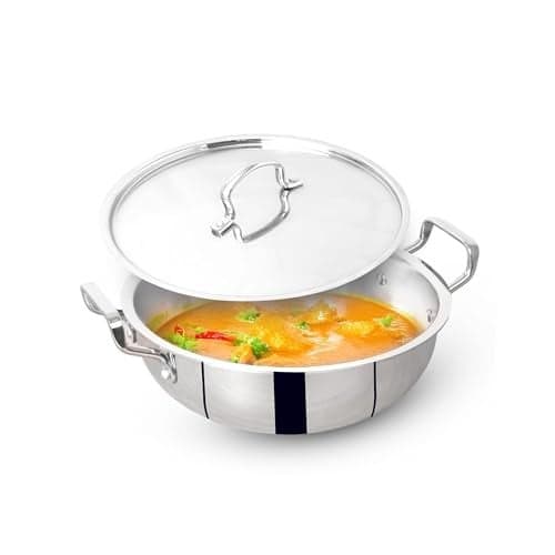 The Indus Valley Triply Stainless Steel Deep Kadai/Kadhai 2.2 LTR with Stainless Steel Lid | 20 cm/7.87 inch,1.39kg | Induction Friendly | Nonstick 3-Layer Body, 100% Pure & Toxin-Free