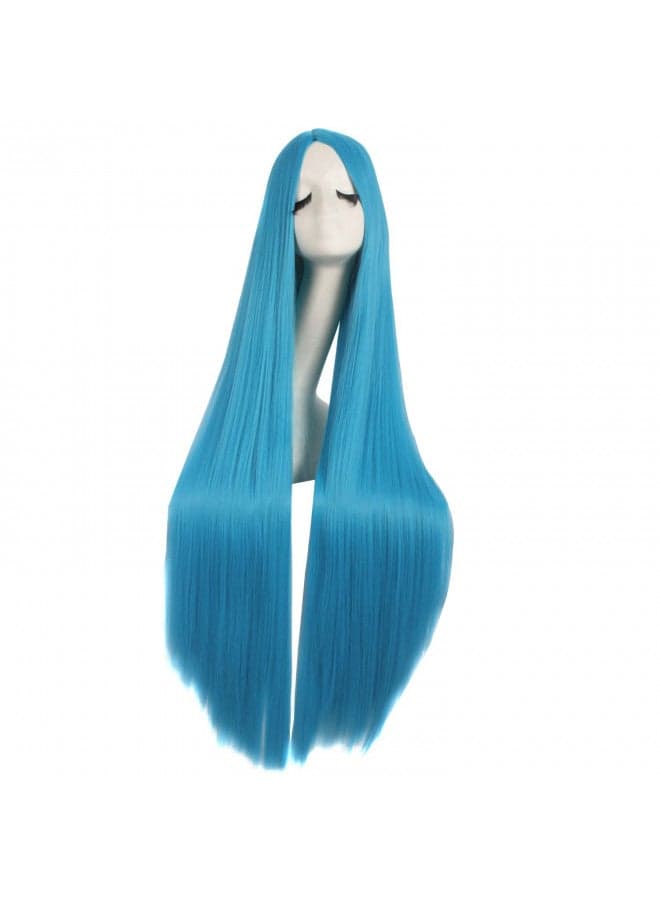 MapofBeauty 40 Inch/ 100 cm Carve Long Straight Cosplay Wig Anime Costume Party Wig (Cyan Blue)