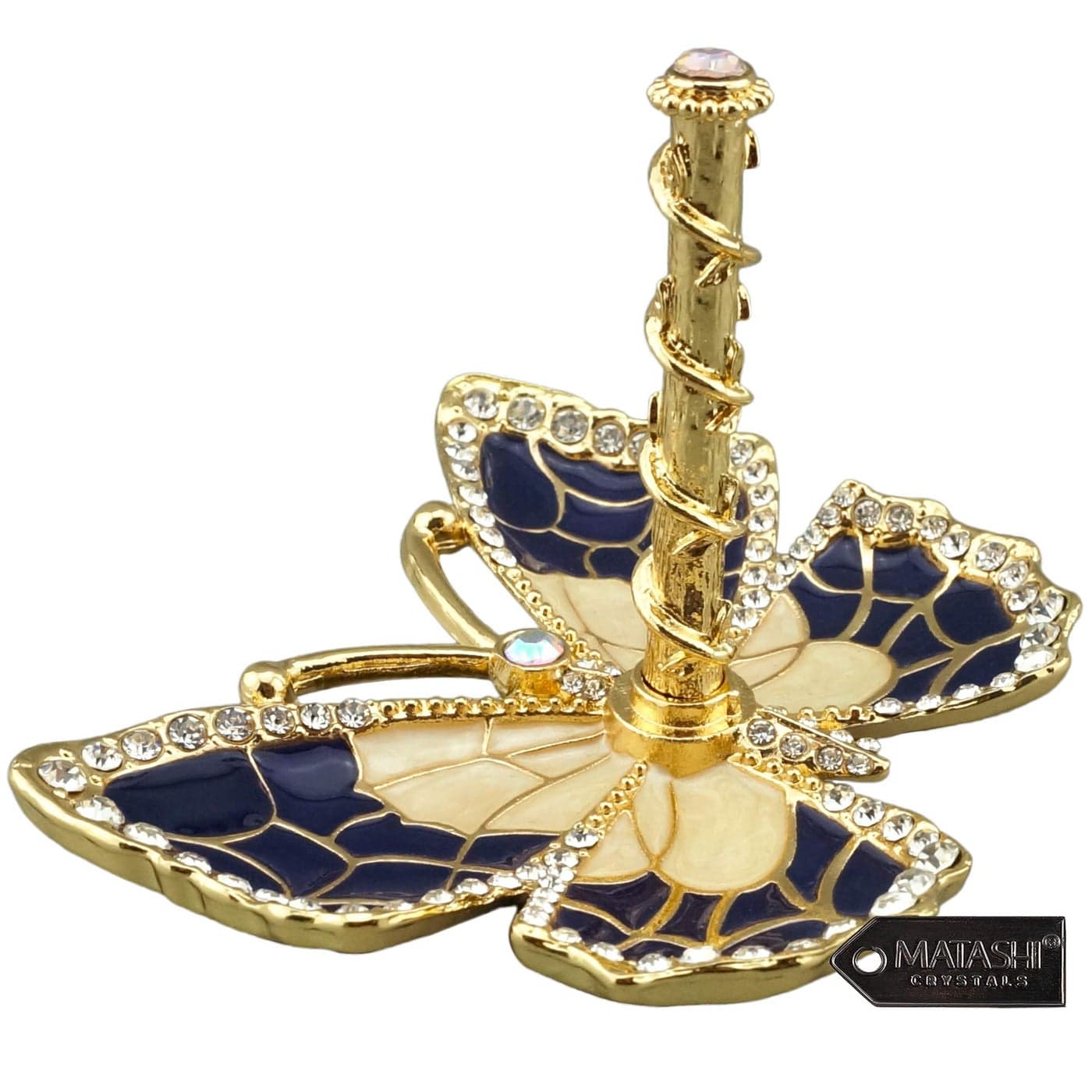 Matashi Mothers Day Gift for Mom Blue Enamel and Gold Plated Butterfly Jewelry Stand Organizer Ring Holder Embellished with Crystals