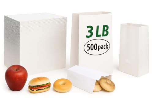 pizety 3 lb White Paper Bags – 500 Pack Kraft Lunch Bags, Recyclable & Food-Safe, Perfect for Sandwiches, Snacks, Crafts, Grocery, Parties, Coloring & Retail Use