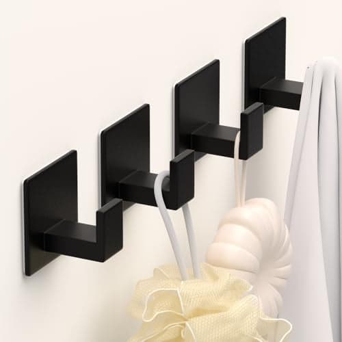 VINHOLD Adhesive Towel Hooks Shower Hooks for Hanging Robe Coat Hat Loofah Heavy Duty Wall Hooks Stick on Bathroom Kitchen and Office 4 Pack Black