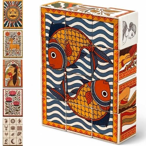 Gubbachhi 3D Wooden Toys for Kids 3-8 Yrs | 6 Puzzles in 1 Toy + 30 Activities | 12 Natual Wooden Puzzles for Kids with Activity Book | Indian Folk Art Wooden Blocks | Madhubani Theme