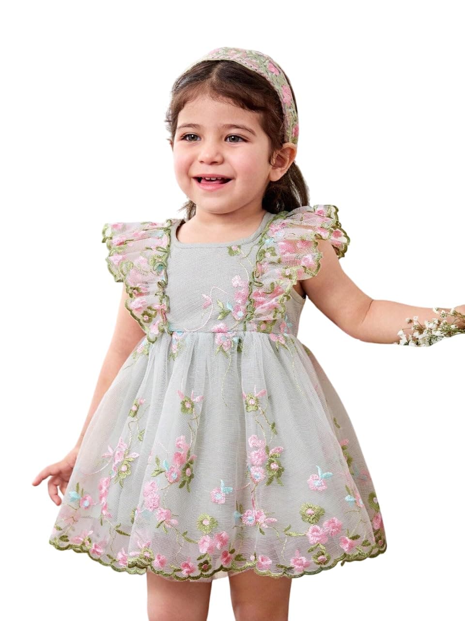 Tagas Girls' Dress |Girls Sweet Ruffled Sleeveless Embroidered Mesh Princess Dress|Kids Frock|Babygirls Dress|