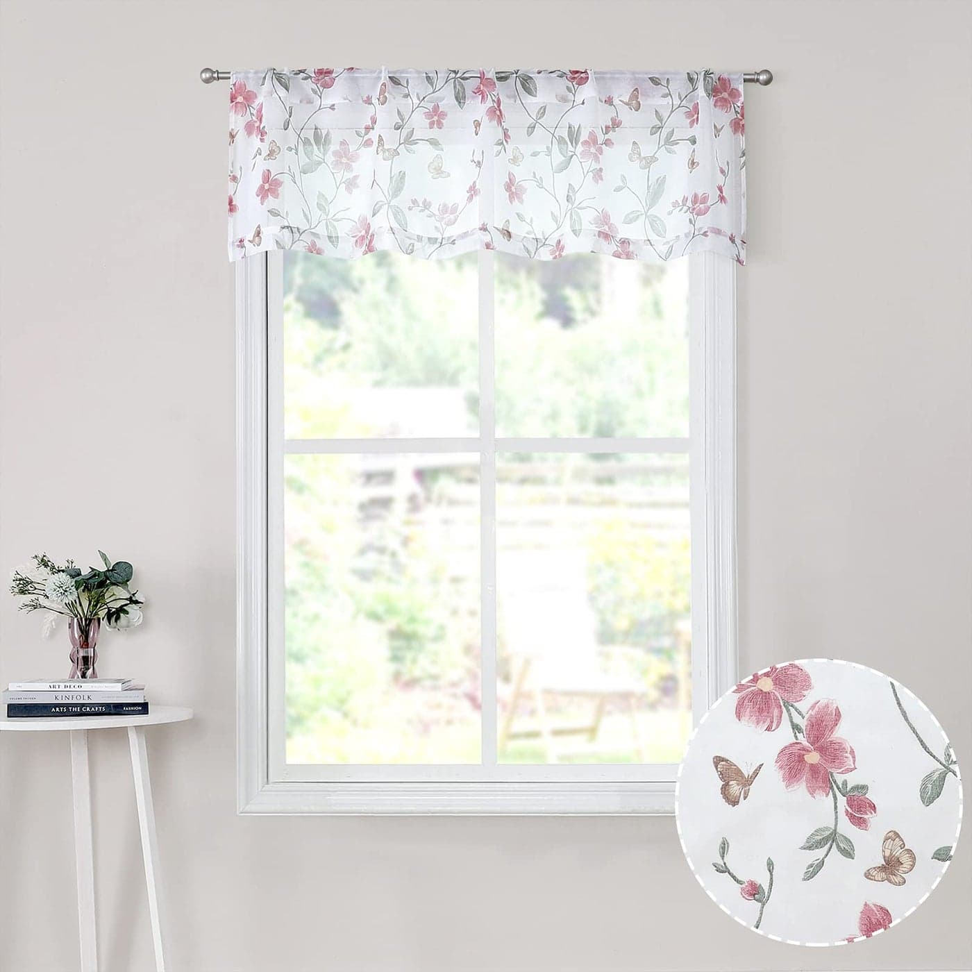 Tollpiz Sheer Floral Curtain Valance Pink Flower Butterfly Printed Bedroom Curtain Valances Rod Pocket Voile Faux Linen Window Valance Curtains for Living Room 54 x 16 inches Long Set of 1 Panel