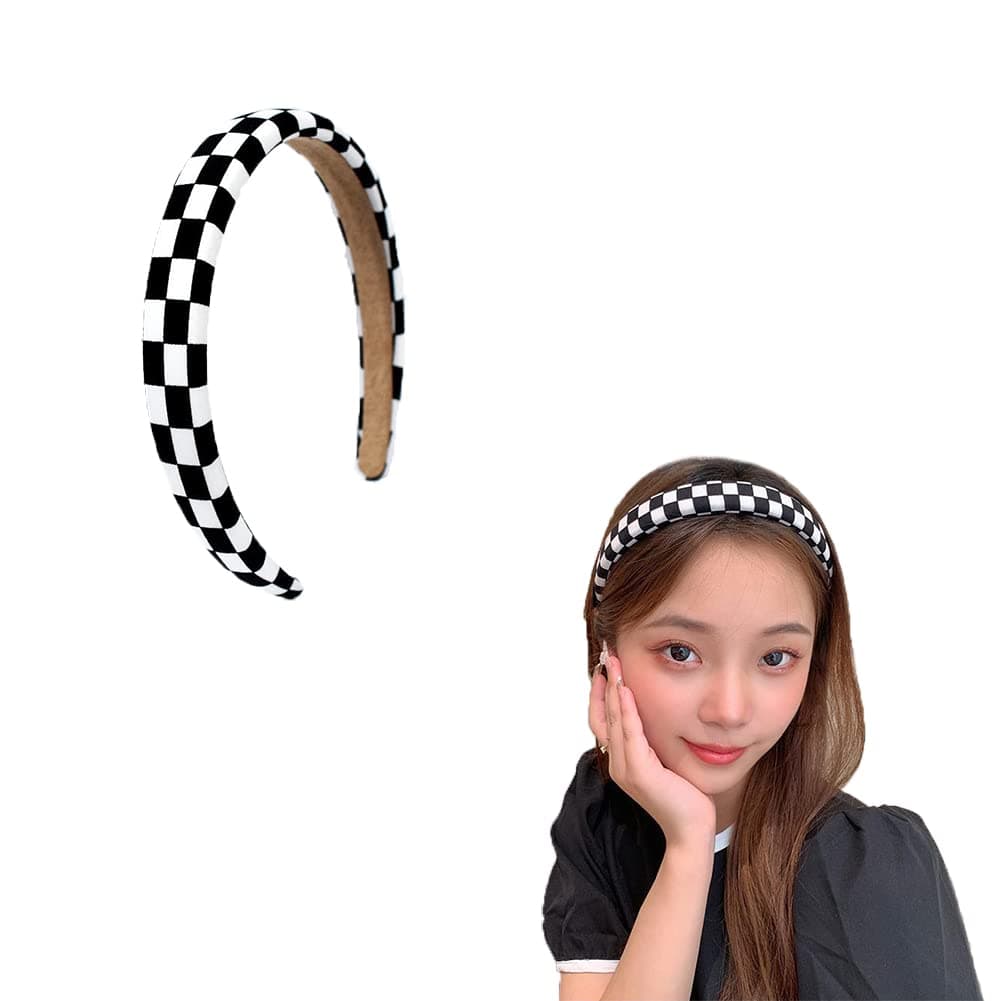 YALLNASL Buffalo Plaid Check Headband for Women Black and White Hair Accessories Padded Non Slip Checkerboard Headbands for Womens Soft Head Band for Women Girls One Size