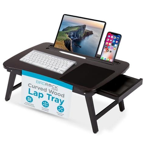 BIRDROCK HOME Curved Wood Lap Tray with Foldout Legs Storage Drawer Mouse Pad Fits Laptops Up to 17 Tablet and Phone Slot Laptop Table for Sitting or Standing Work from Home Natural