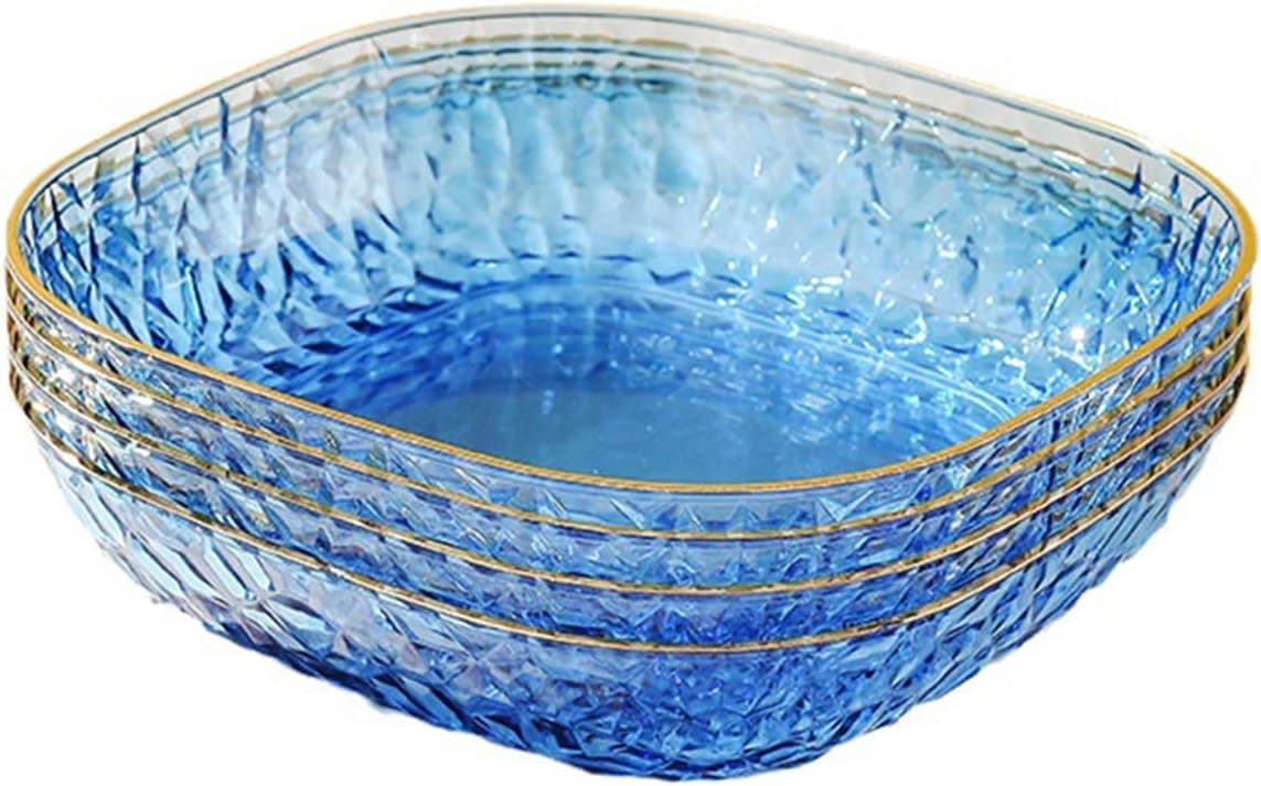 Set of 4 Dessert Plates 6 Inch Pinch Bowls for Cooking Prep Reusable Plastic Plates with Gold Trim Raised Edge Small Plates for Appetizers Salad Snack Cocktail Sandwich Plates Blue