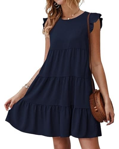 KIRUNDO Casual Dresses for Women 2025 Trendy Summer Sleeveless Ruffle Sleeve Round Neck Loose Short Flowy Pleated Mini Dress (Navy, X-Large)