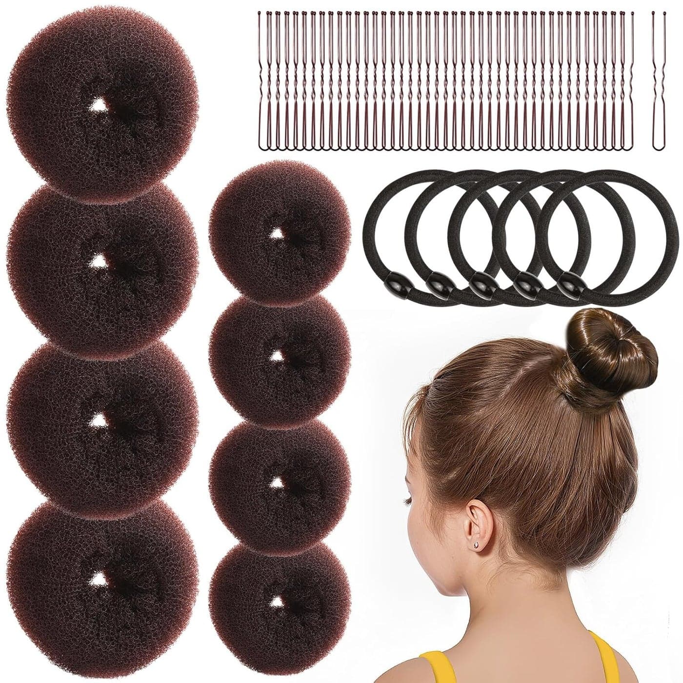 FANDAMEI 4PCS Donut Bun Makers for Kids with 4PCS Extra Small Hair Buns Kit Ballet Bun Set with Elastic Hair Ties and Pins Brown