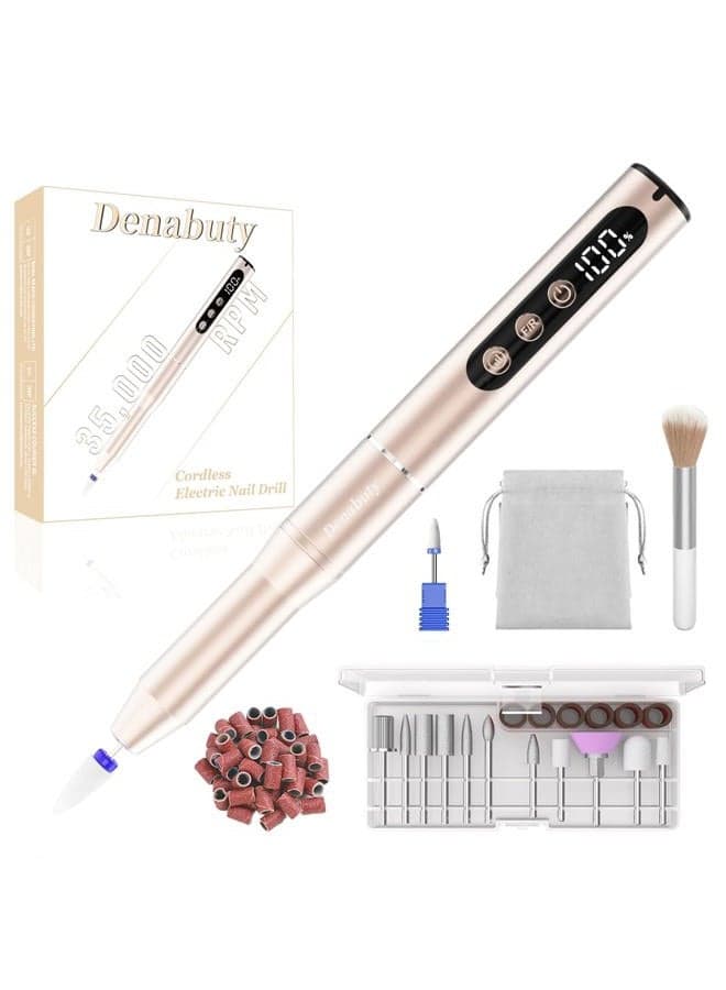 Professional Nail Sander 35000 RPM, 12 in 1 Cordless Electric Nail File with LED Digital Screen, Rechargeable Manicure Pedicure Kit Adjustable Speed Gold