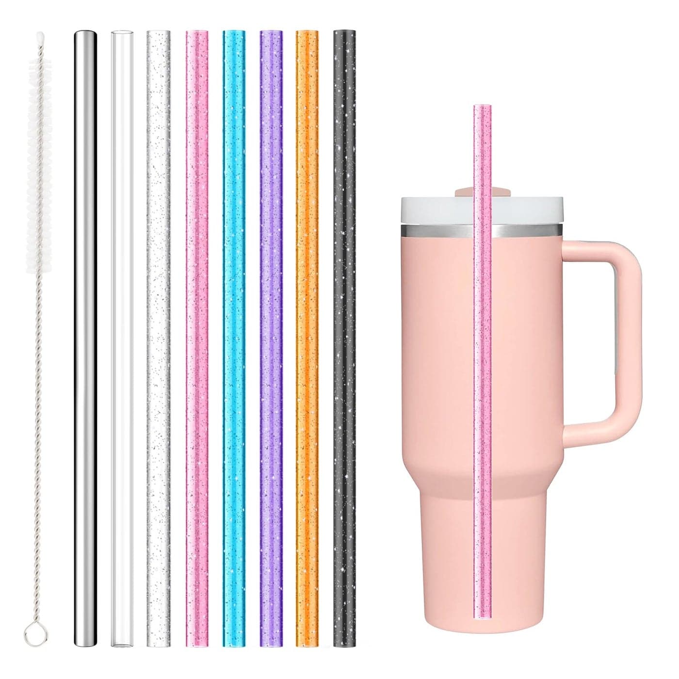 8PCS Color Replacement Straws for Stanley Owala Simple Modern Alwenid Reusable Glitter Clear Stainless Steel Straws Accessories for Tumbler Mug Cup BPA Free and Dishwasher Safe7Tritan1Metal