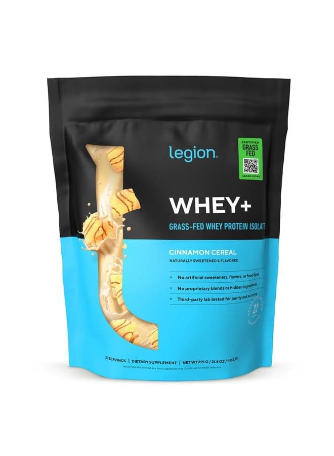 LEGION Whey+ Protein Powder (Cinnamon Cereal) - Low Carb and Calorie Whey Isolate Protein Powder - Non-GMO, Lactose-Free, Sugar-Free Whey Protein Isolate Powder from Grass Fed Cows (30 Servings)