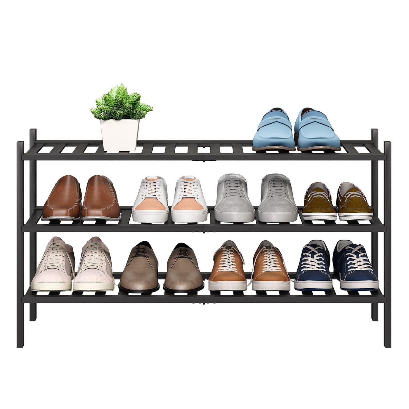 BMOSU 3Tier Bamboo Extended Shoe Rack Premium Stackable Shoe Shelf Storage Organizer for Hallway Closet Living Room Entryway Organizer Black Bamboo