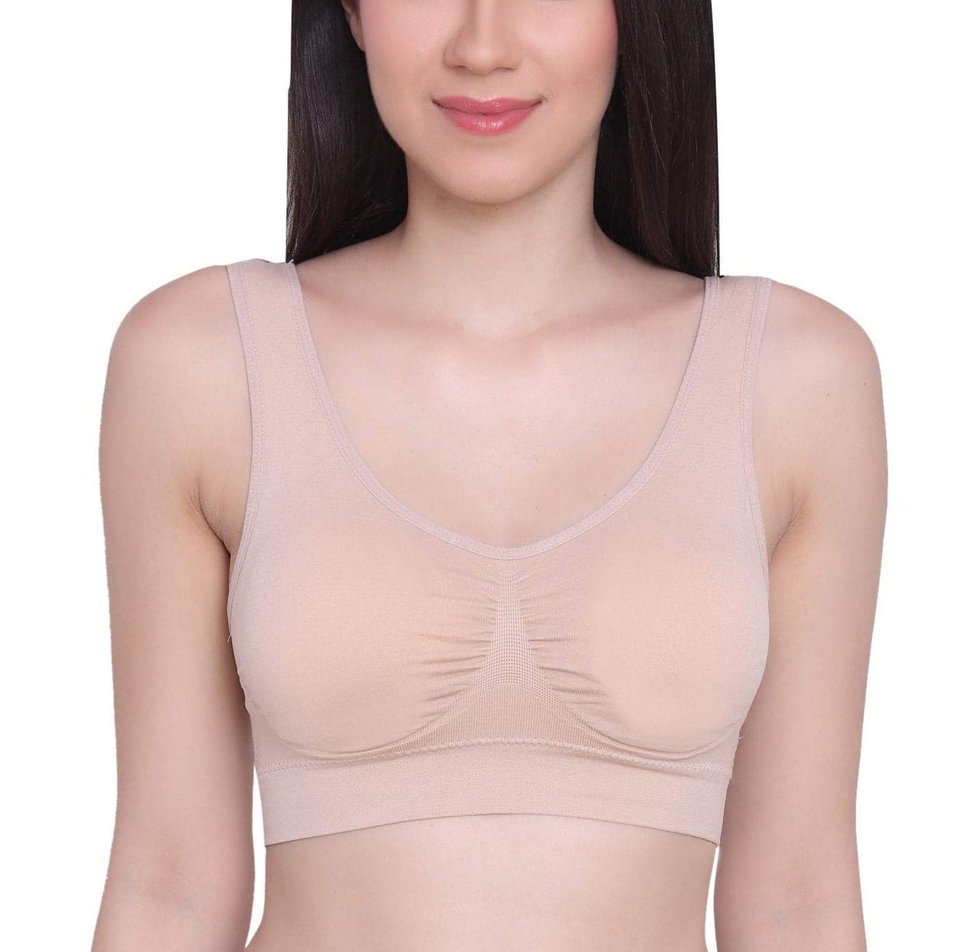 GLAMORAS Women Nylon Elastane Lightly Padded Non Wired U Back Sports Bra | Seamless Stretchy Low Impact Yoga Workout Bra with Removable Pads - Size- Small to 4XL - Beige
