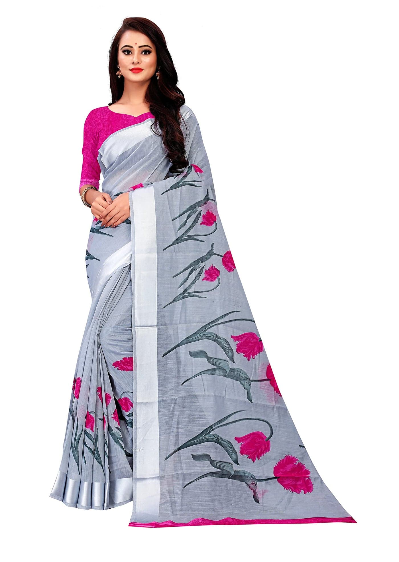 Miraan Women Cotton Blend Saree With Blouse Piece (BANSONA136, Grey)