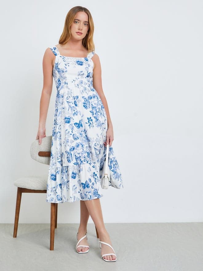 Blue Floral Square Neck Cami Midi Dress