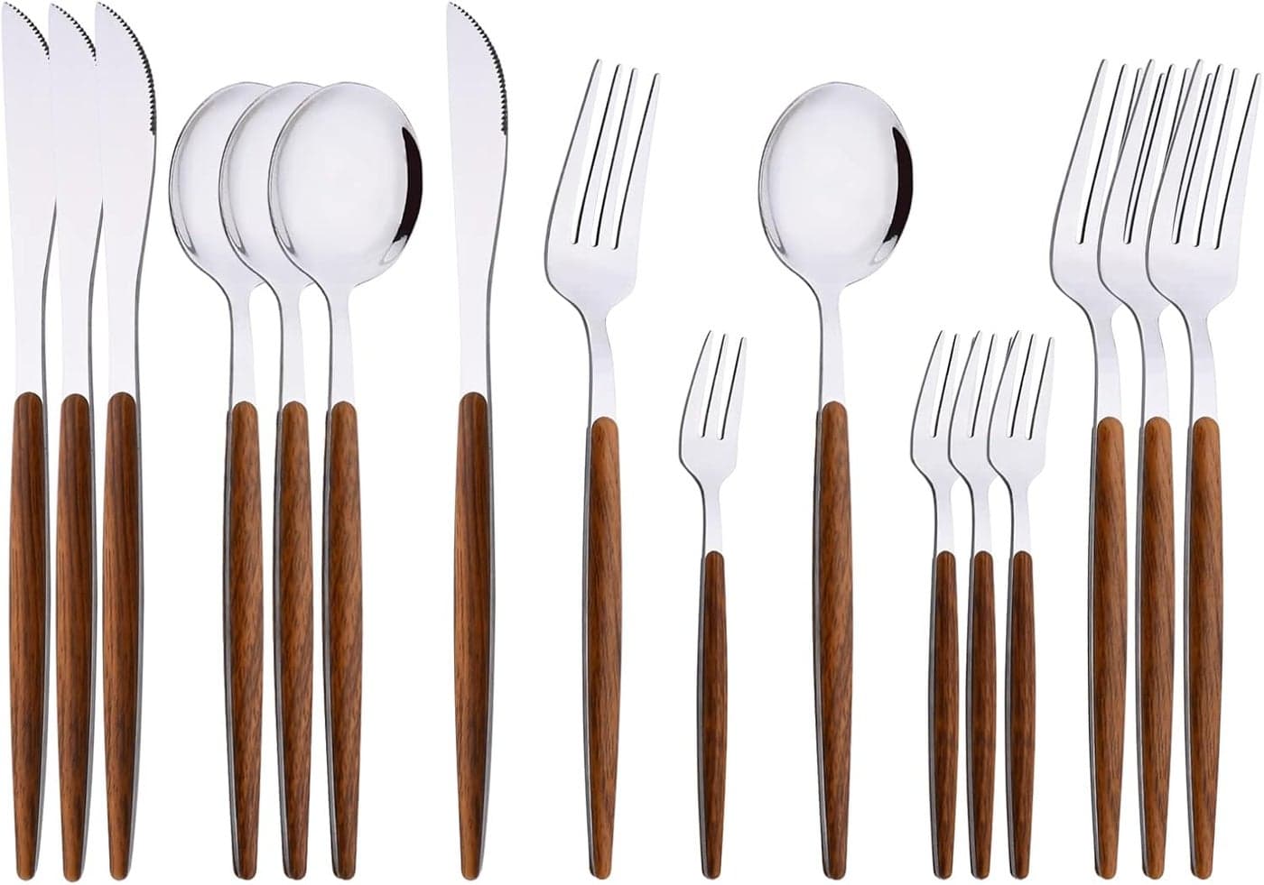 16Piece Silverware Set with Cake Fork Silver Stainless Steel Flatware Cutlery Eating Utensils with Wooden Effect Handle Includes Knife Fork Spoon Mirror Finish Dishwasher Safe