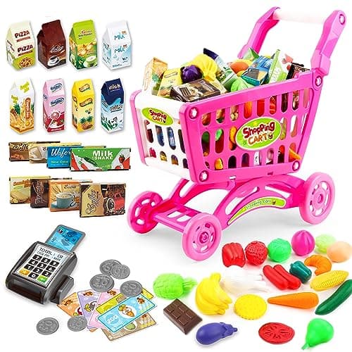 deAO Kids Shopping Cart with Food Shopping Trolley Basket for Toy Shop Kitchen 65 PCS Play Food Role Play Educational Toy (Pink)
