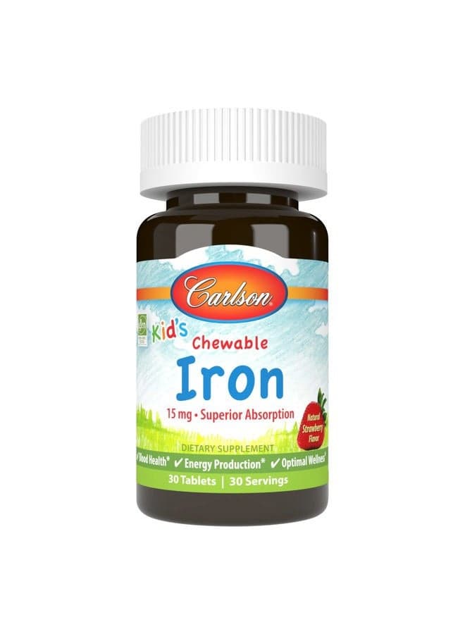 Kid's Chewable Iron, 15 mg, Superior Absorption, Blood Health, Energy Production & Optimal Wellness, Natural Strawberry Flavor, 30 Tablets