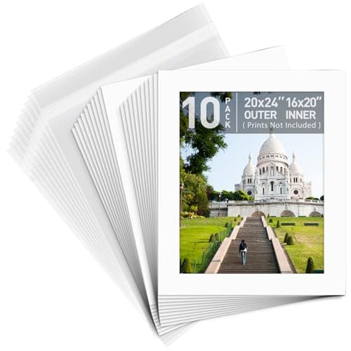 Golden State Art, Pack of 10, Pre-Cut 20x24 White Picture Mat Kit for 16x20 Photo, 10 White Core Bevel Cut Mattes, 10 Backing Boards and 10 Clear Bags