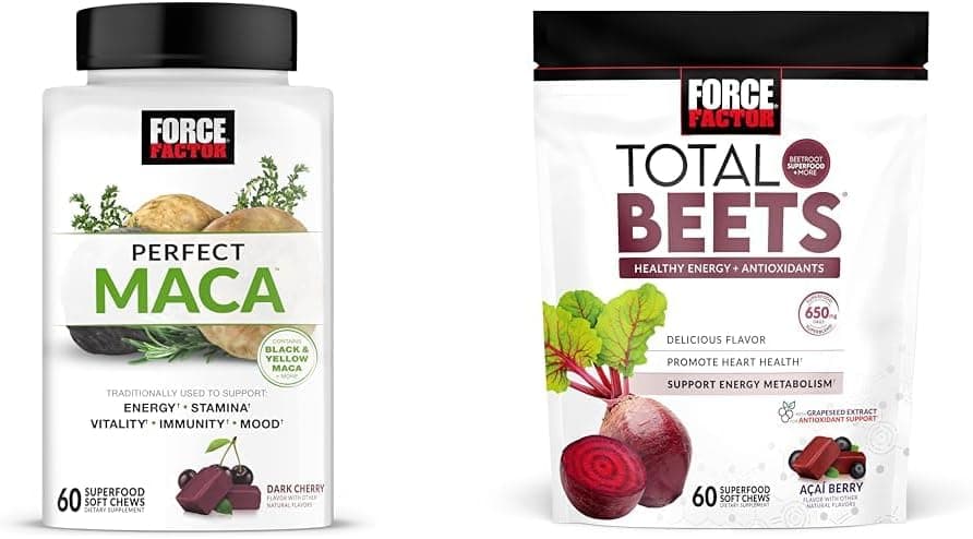 Force Factor Maca Beet Soft Chews Bundle with 60 Maca Chews and 60 Beet Chews for Energy Stamina and Heart Health