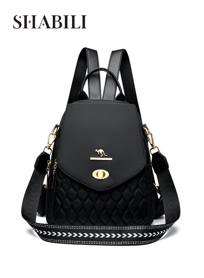 Women Nylon Backpack Back Bag College School Tourist Shoulder Bag with Large-Capacity Quilted Multi-Pocket Stitching Design, Ladies Teen Youth Travel Casual Party Daypack Carryall, Rucksack (Black)