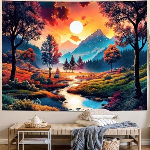 Obsecolors Sun Forest Mountain Tapestry Trippy Sun Tapestry Hippie Nature Landscape Tapestries Aesthetic Sunset Magic River Tapestries Wall Hanging for Bedroom Home Decor