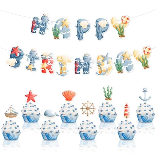 Ocean Party Decorations Set Happy Birthday Under The Sea Theme Party Supplies Include Starfish Whale Shells Happy Birthday Banner Cupcake Toppers for Kids Boys Girls Birthday Party Supplies