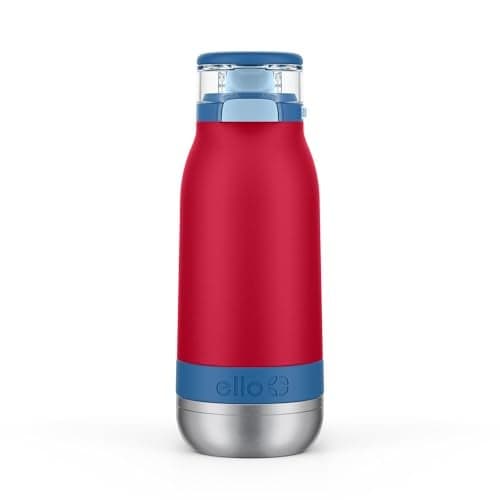 Ello Emma 14oz Vacuum Insulated Stainless Steel Kids Water Bottle with Straw and Builtin Carrying Handle and LeakProof Locking Lid for School Backpack Lunchbox and Outdoor Sports Red Splash