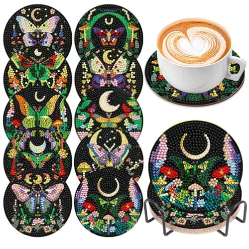EWJRNSF 10 PCS Diamond Art Coasters Kit Small Diamond Painting Coasters Fall Diamond Art Kits for Adults Beginners Arts and Crafts Supplies Item Sets with Holder Butterfly