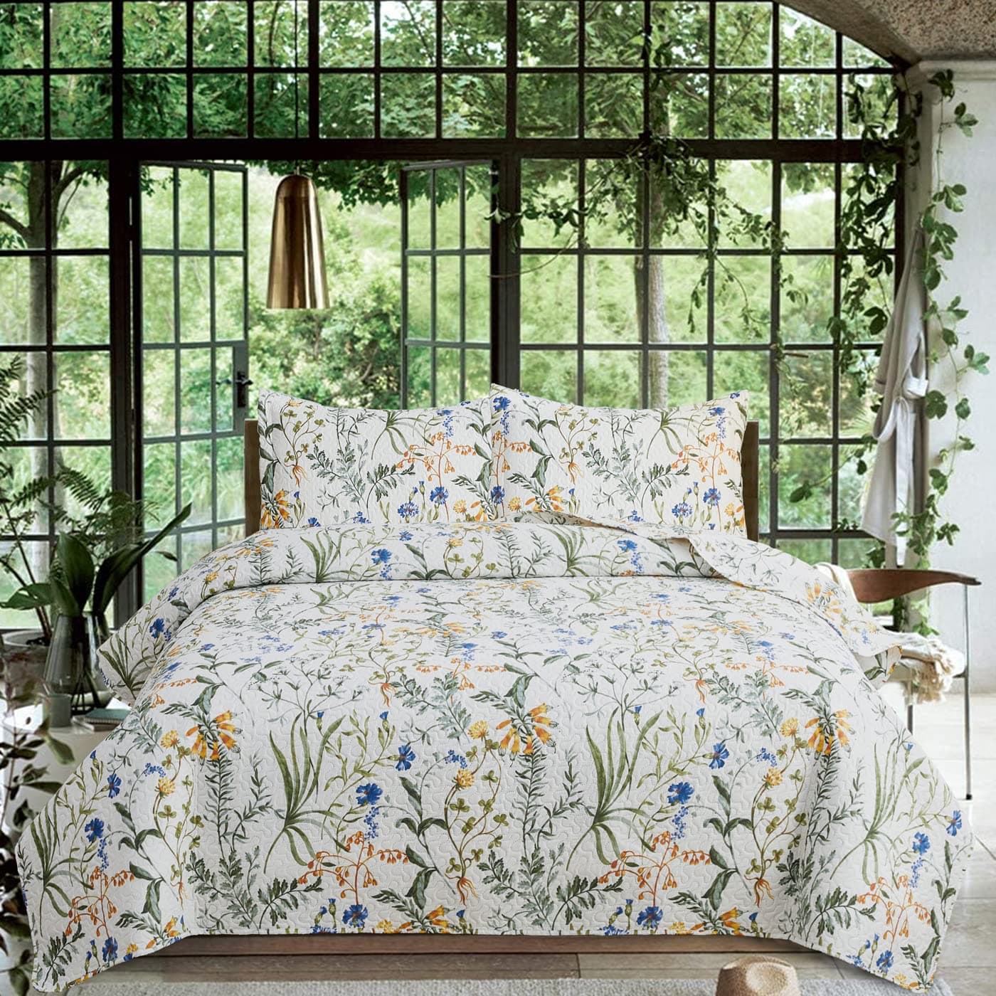 3Piece Quilt Set Queen Size Floral Bedding Reversible Bedspread Coverlet Floral Leaves Bedding Summer Lightweight Yellow Green Flower Quilt Soft Microfiber Home Quilt Coverlet Set